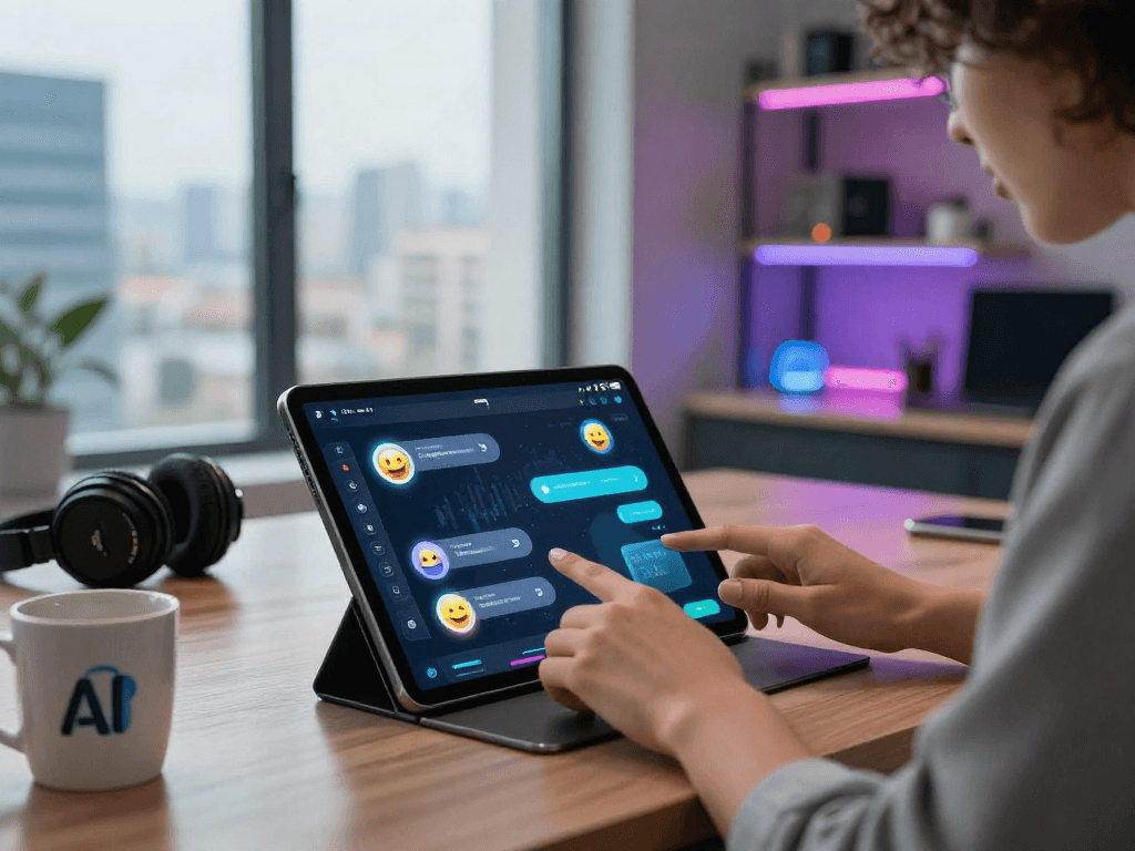 User engaging in nsfw ai chat on a sleek tablet in a vibrant tech workspace.
