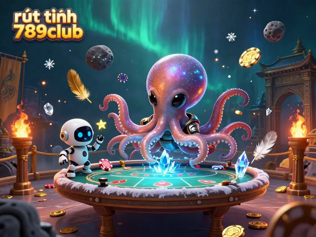 Experience rút tiền 789club with a vibrant alien octopus animation and floating poker table, showcasing fun gaming dynamics.
