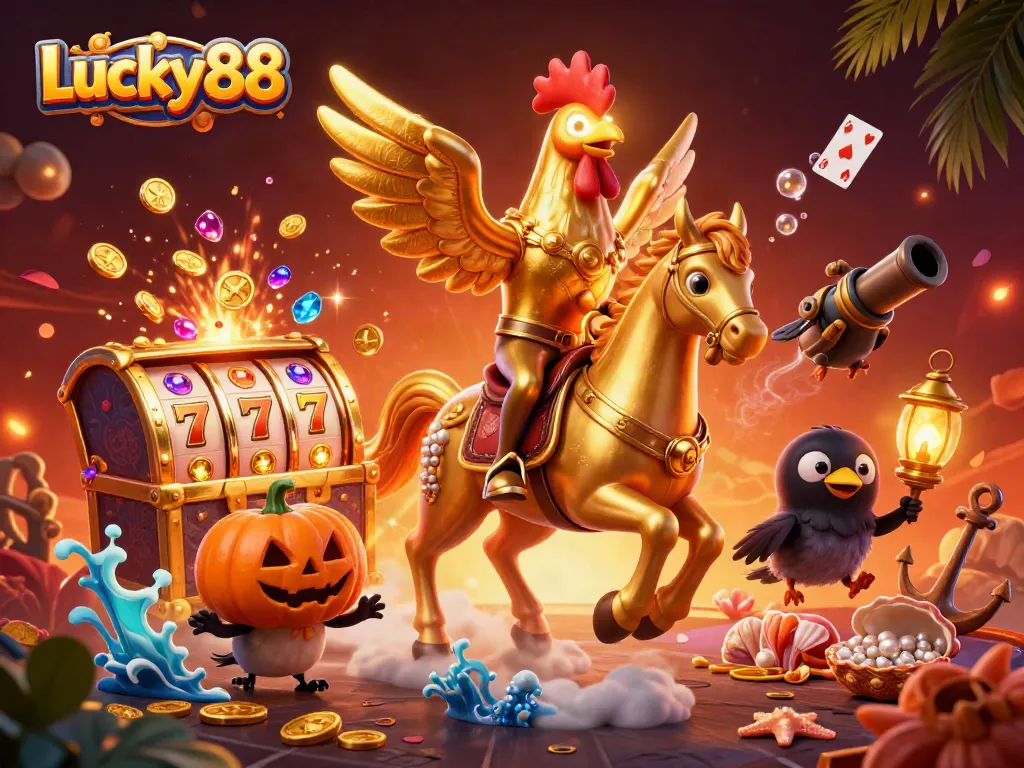 Experience thrilling gameplay with Lucky88 as golden rooster leads the way in a captivating casino scene.