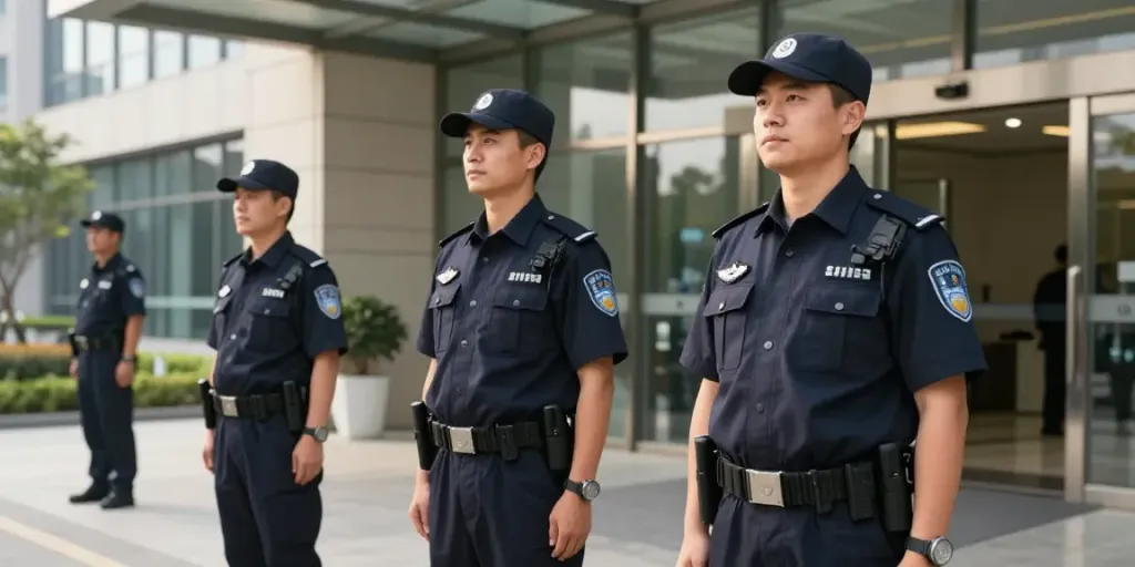 Security personnel from a local service provider monitoring a corporate building entrance, ensuring safety.