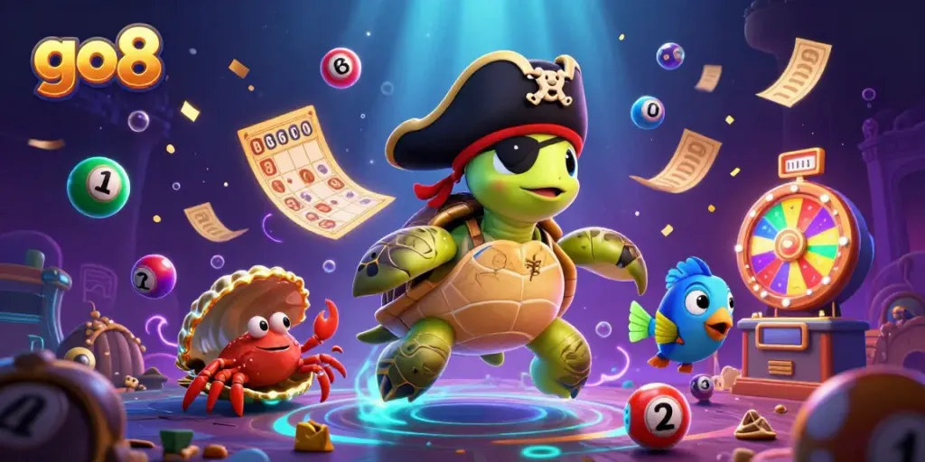 Engage with go8's thrilling lottery scene featuring a pirate turtle and treasure, surrounded by dynamic gaming elements.