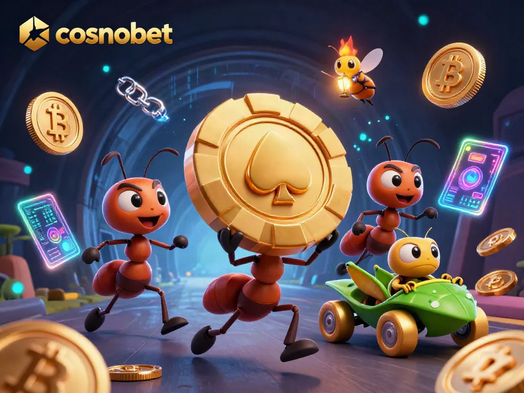 Cosmobet's dynamic 3D cartoon scene of ants heisting a massive poker chip, showcasing crypto elements and vibrant gaming energy.