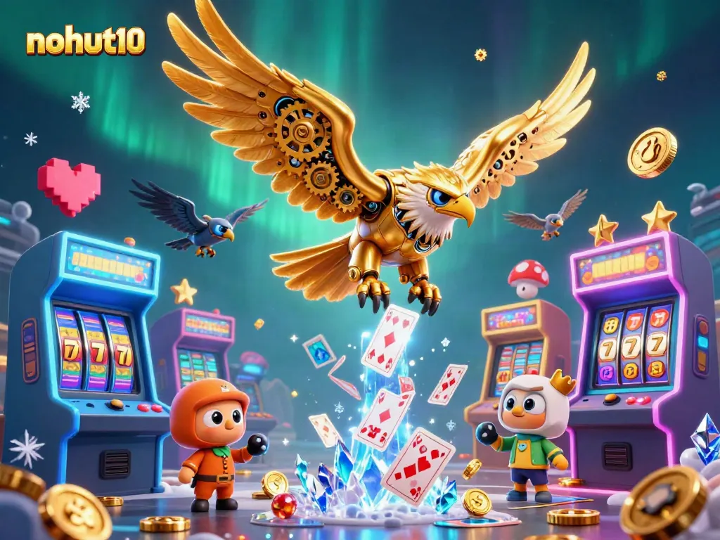 Experience nohut10 with a dynamic illustration of a golden eagle diving through holographic playing cards amidst casino elements.