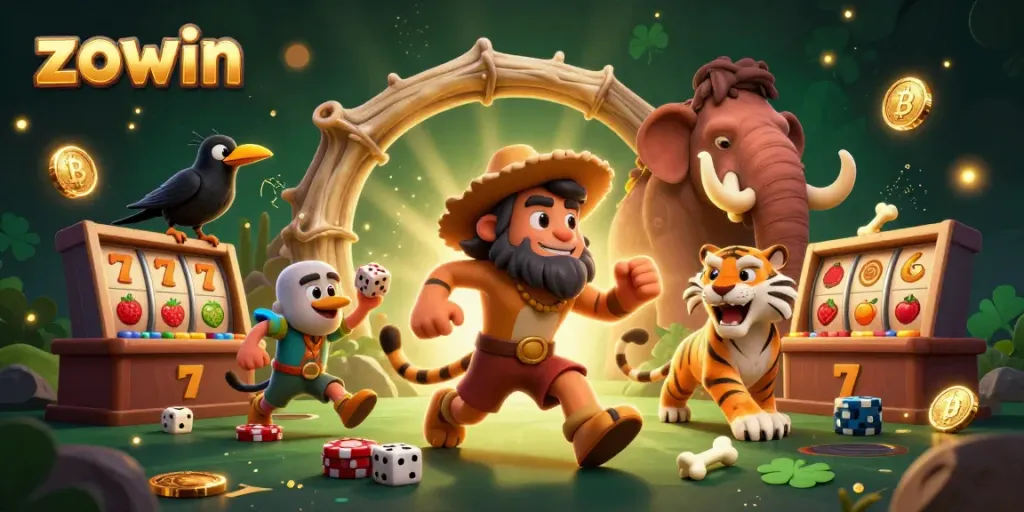 Experience thrilling slot action with ZOWIN at this vibrant prehistoric casino scene.