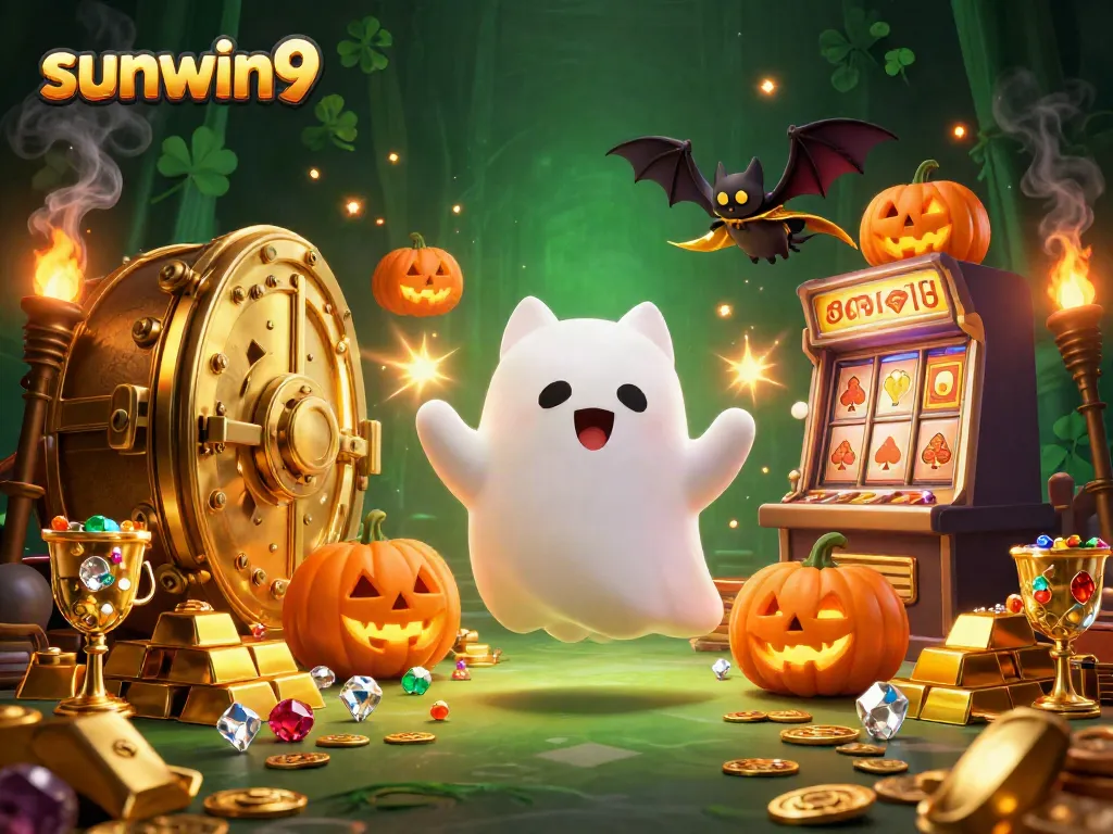 Play thrilling games at sunwin9, featuring a ghost cat and vampire bat in a vibrant casino setting.