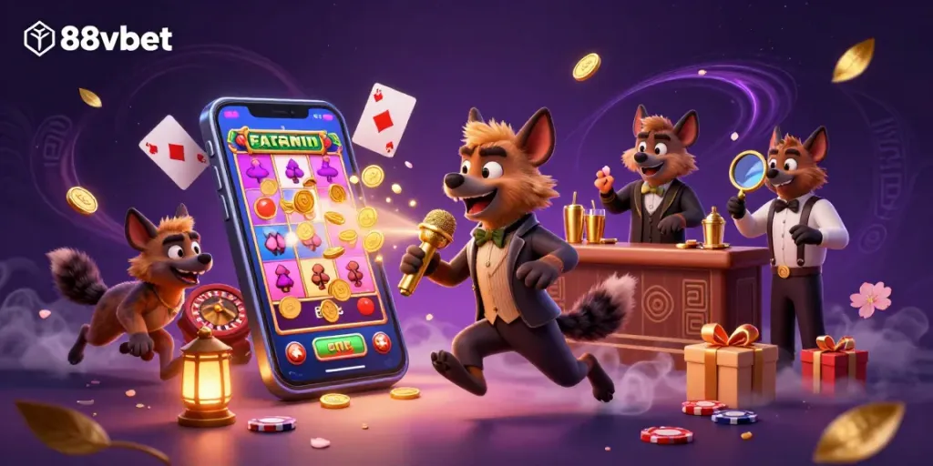 88vbet hyena club scene with a comedian, bartender, and bouncer amidst vibrant gaming elements.