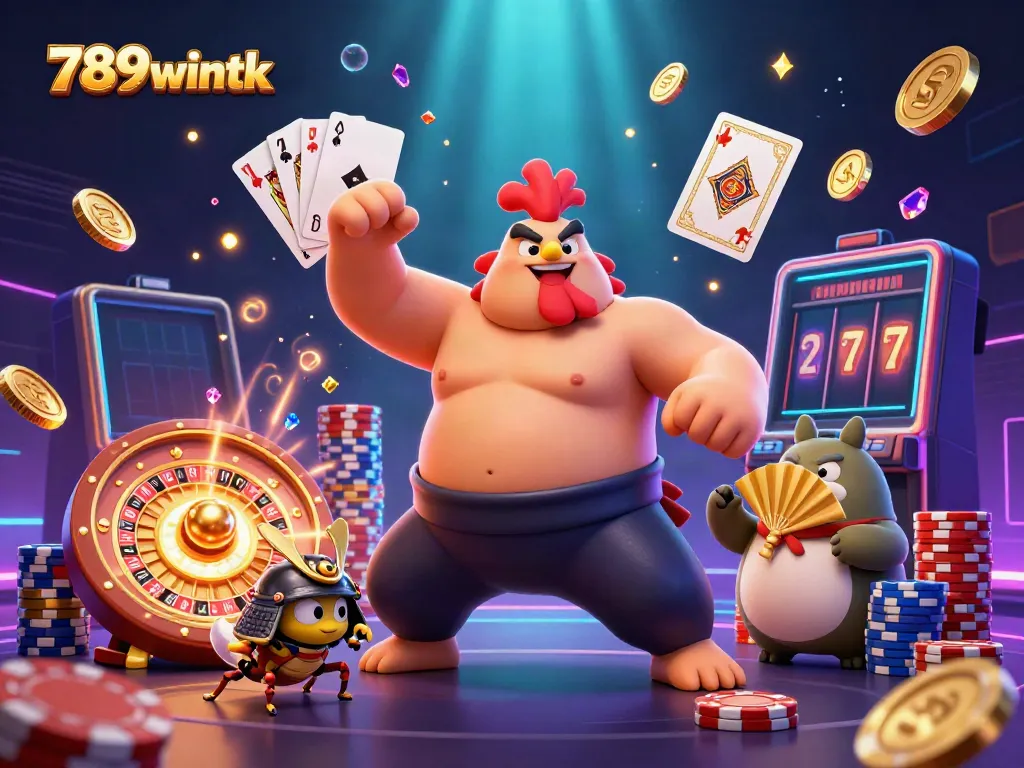 Experience the excitement of 789wintk with a dynamic scene featuring a sumo wrestler, a cricket, and a tanuki announcer in a vibrant casino setting.