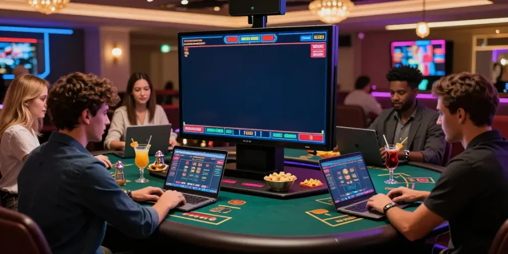 Dynamic scene of players at uk casinos not on gamstop, enjoying live dealer games.