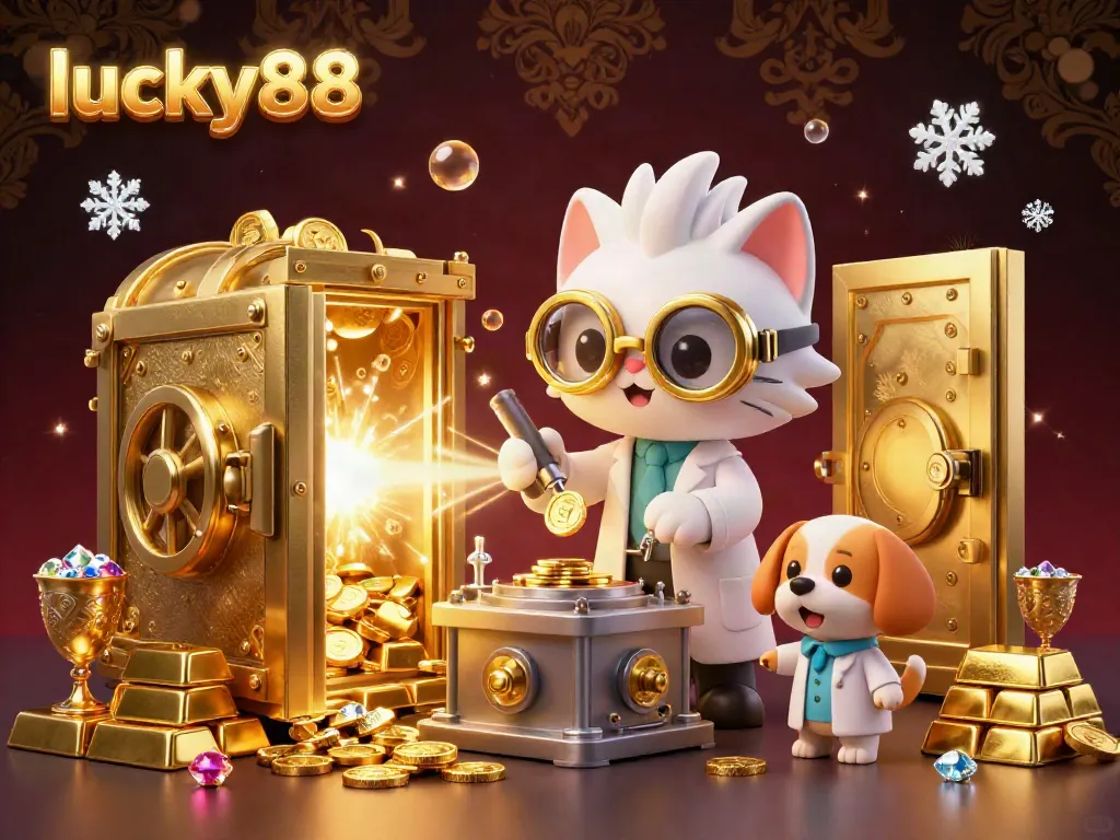 Spin to win with lucky88 at the vibrant casino illustrated scene filled with gold and treasures.