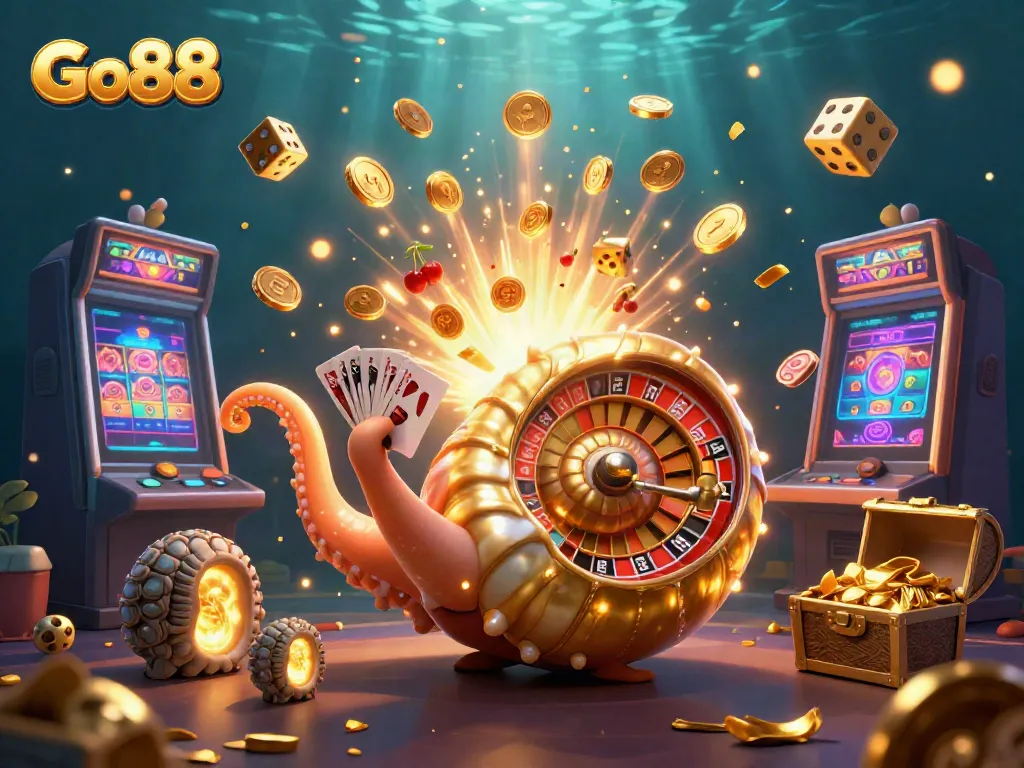 Experience the thrilling world of Go88 with a dynamic 3D casino scene showcasing action-packed gaming elements.