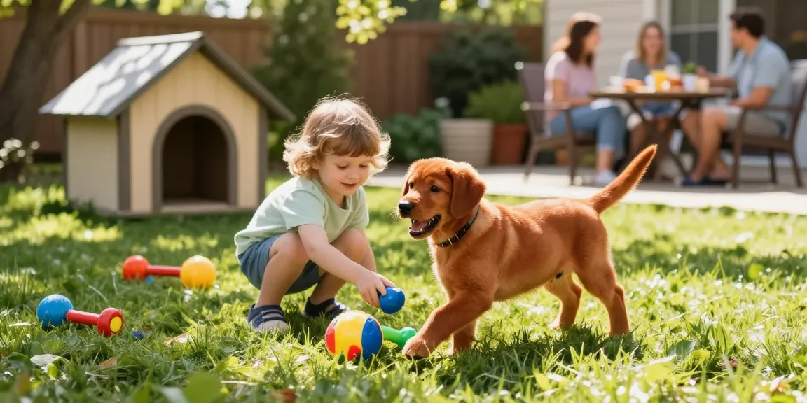Fox red labrador breeder's playful puppy interacting with joyful child in sunny backyard.