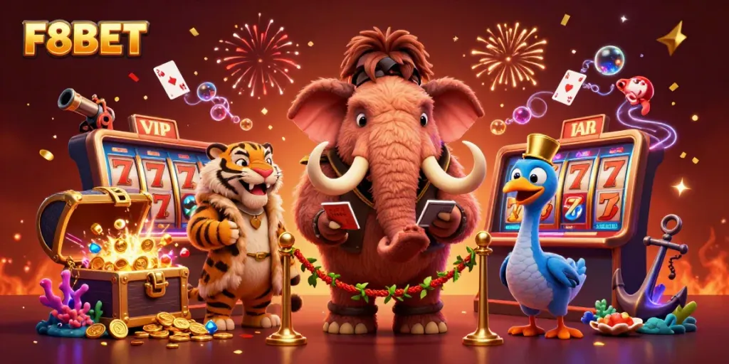 Experience the vibrant world of F8BET with a playful scene featuring a woolly mammoth bouncer and a saber-tooth tiger in an exciting casino setting.