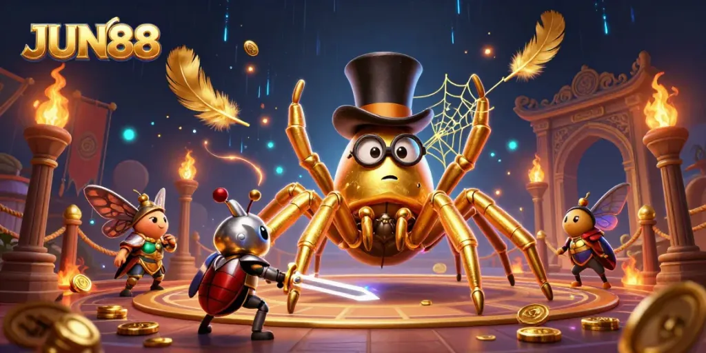 Embark on thrilling adventures at JUN88 with a golden tarantula and beetle knight amid a vibrant casino atmosphere.