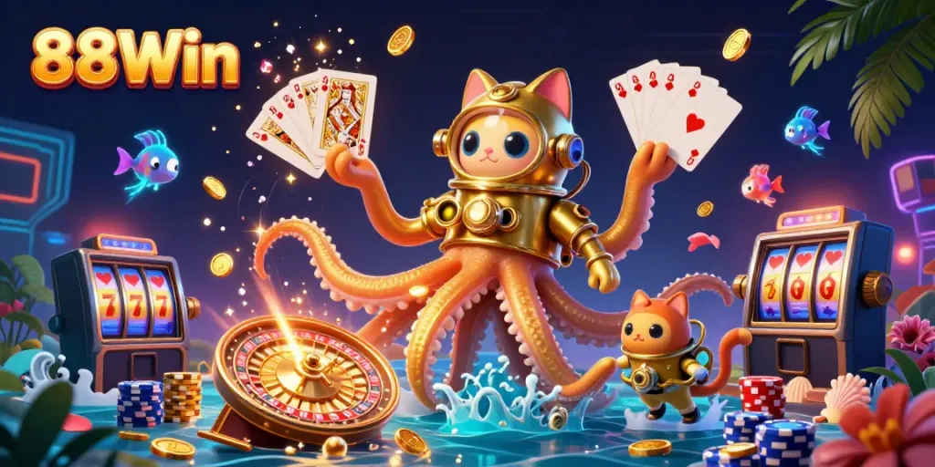 Experience the excitement of 88Win with a vibrant 3D illustration showcasing a kraken and diving cat amidst golden coins and casino elements.