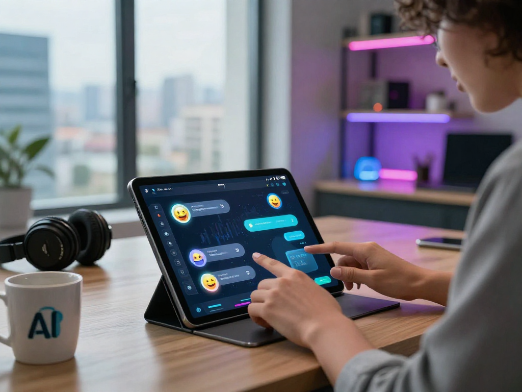 User engaging in nsfw ai chat on a sleek tablet in a vibrant tech workspace.