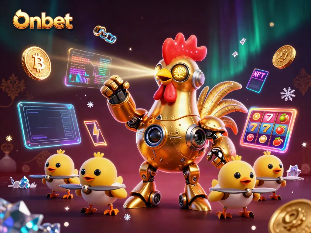Engage with the Onbet casino experience featuring a golden rooster robot amidst slot machines and crypto elements.