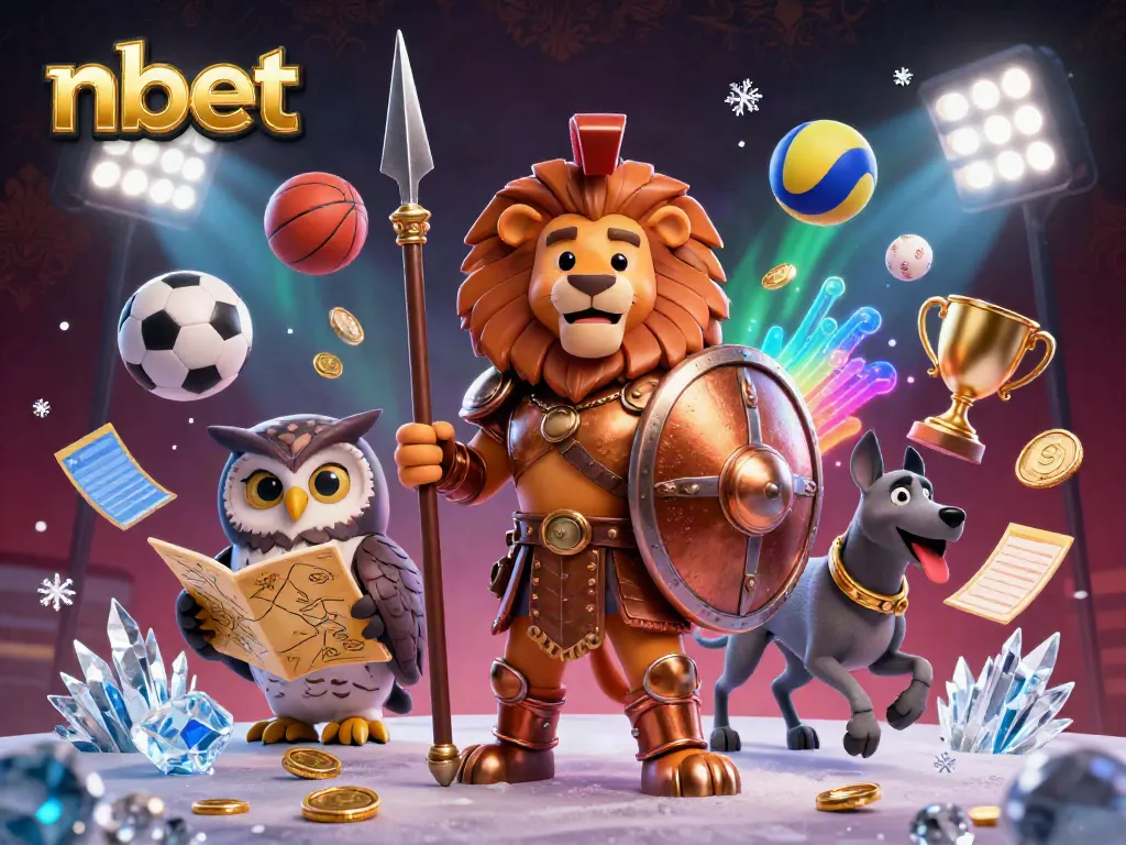Bet on sports with nbet's thrilling 3D illustration featuring a Spartan lion and dynamic gameplay elements.