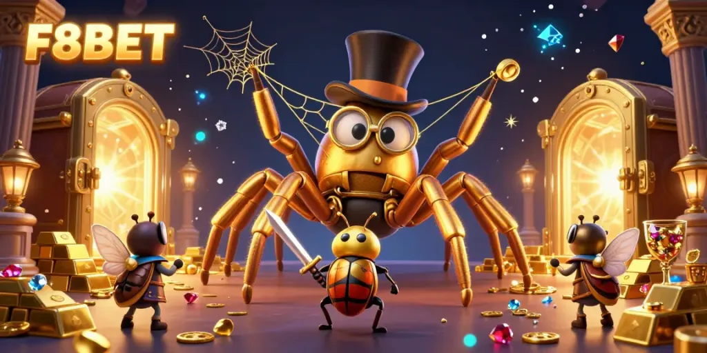Engage in the thrilling world of F8BET with a vibrant illustration of a golden tarantula and beetle knight in a magical casino setting.