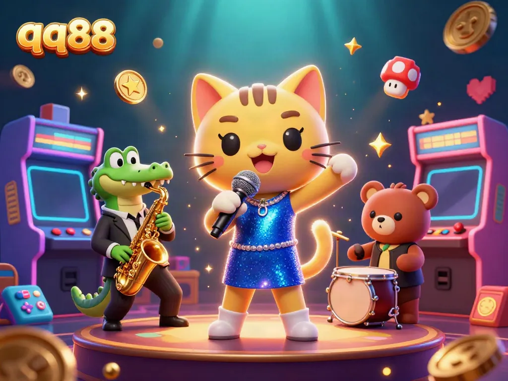 Experience the vibrant atmosphere of qq88 with lively cartoon characters performing on a casino stage.