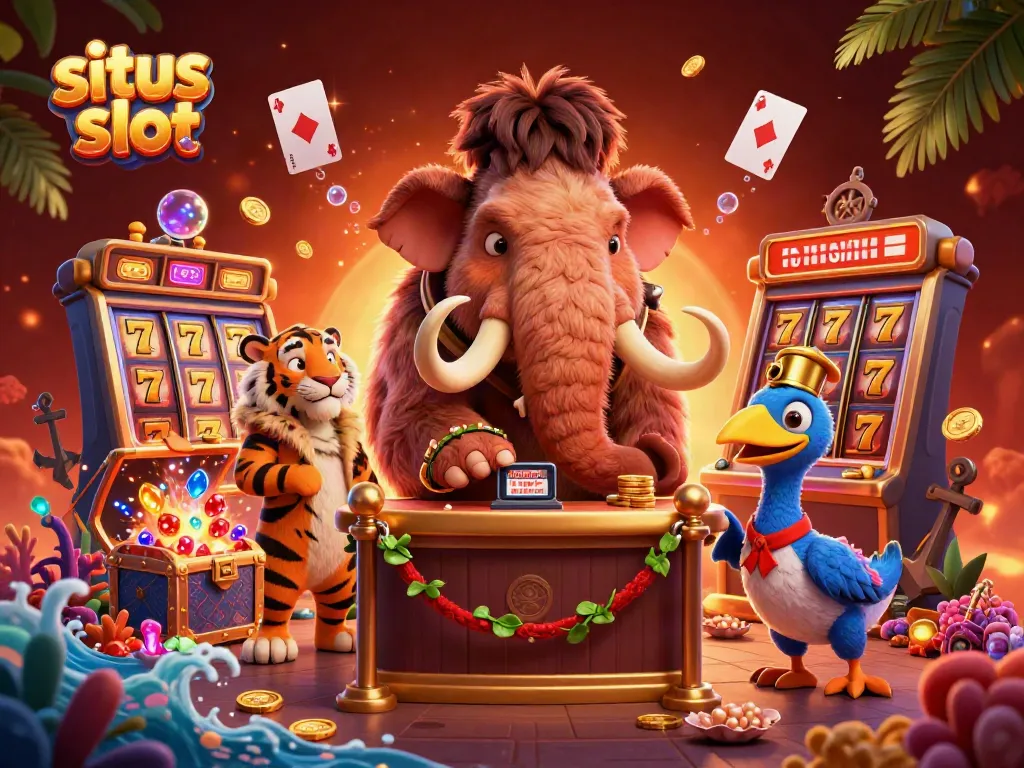 Experience the thrill with situs slot as a woolly mammoth bouncer greets VIPs in this vibrant casino scene.