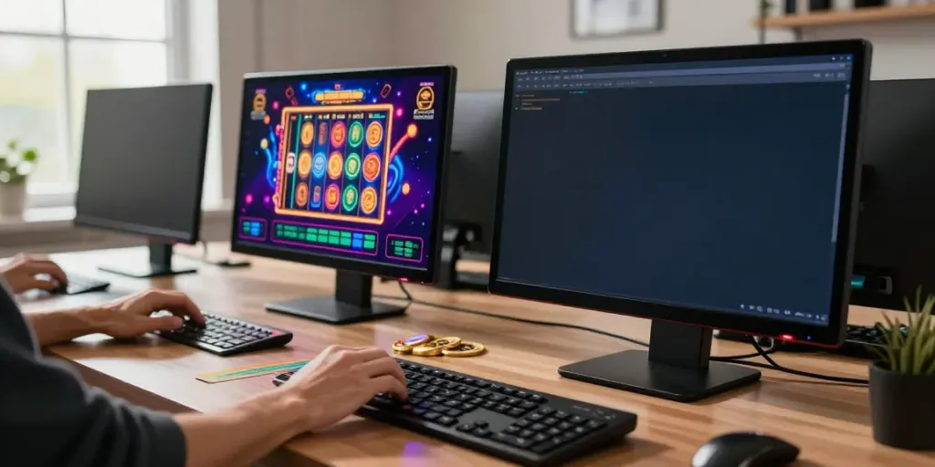 Engaging online gaming experience showcasing uk casinos not on gamstop in a vibrant home office.