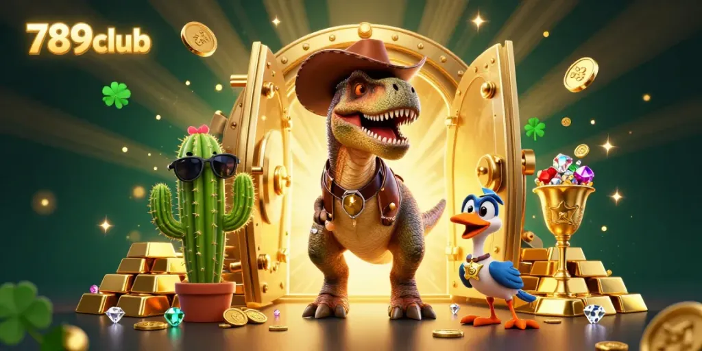 Join the excitement of 789club with T-Rex cowboy and friends surrounded by treasures!