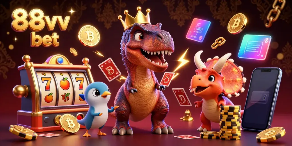Engage with the colorful world of 88vv bet as a cartoon T-Rex attempts to shuffle cards while a pterodactyl assists, surrounded by dynamic gaming elements.