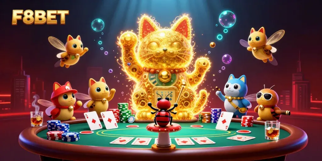 Experience the vibrant energy of F8BET with a dynamic casino-themed illustration featuring a lucky cat and poker elements.