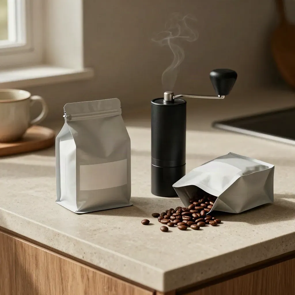 Coffee bundle with grinder and beans on pale stone kitchen counter in warm light.
