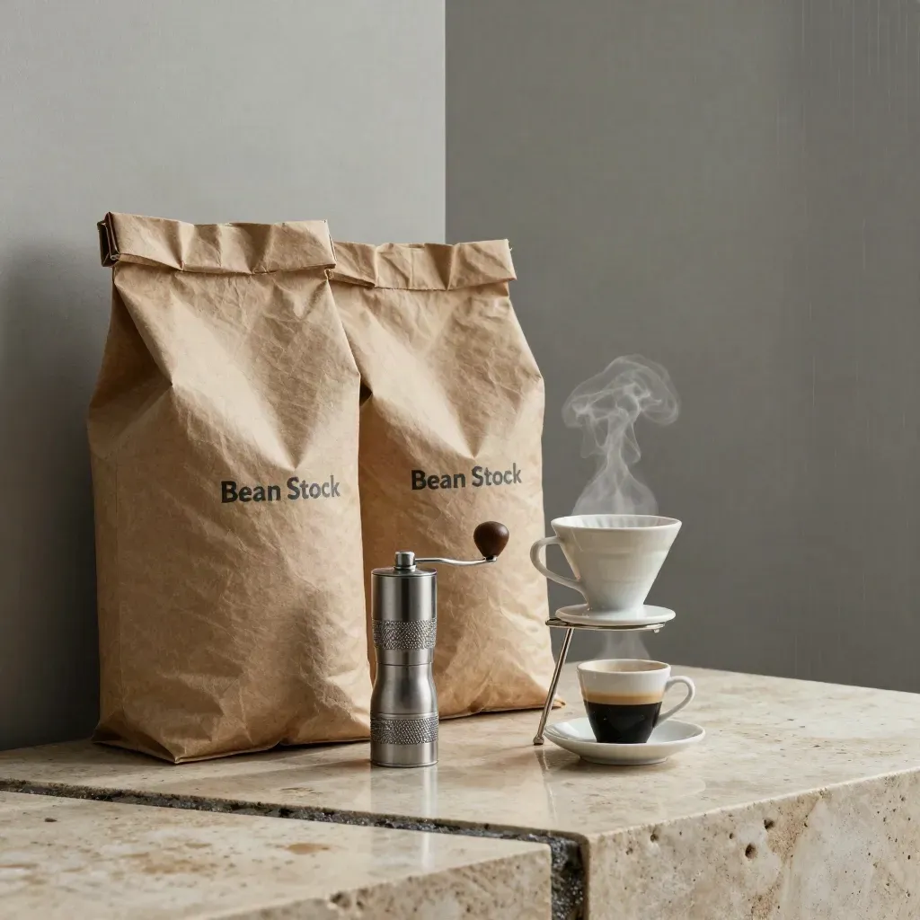 Bean Stock starter pack with bean bags, grinder, dripper and steaming cup on pale limestone.