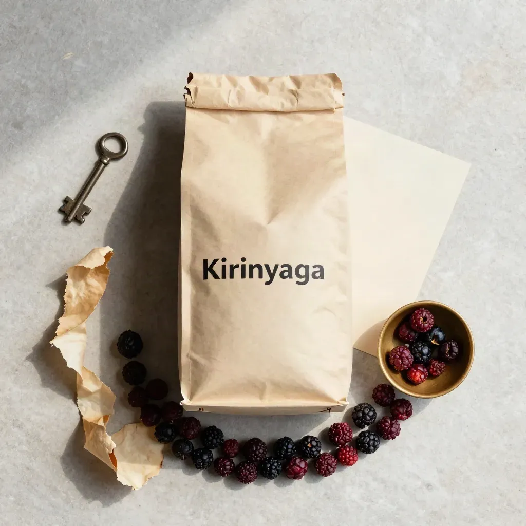Flatlay of a Kenya Kirinyaga coffee bag with dried berries, parchment and a small ceramic bowl.