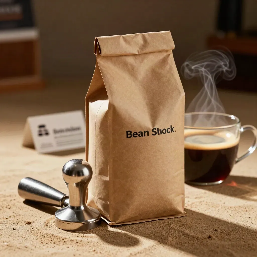 Matte kraft espresso bag with tamper and crema cup on warm plaster, lit from upper left.