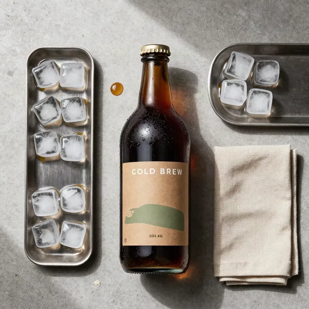 Overhead cold brew pack, glass concentrate bottle, melting ice tray and linen napkin on pale concrete.
