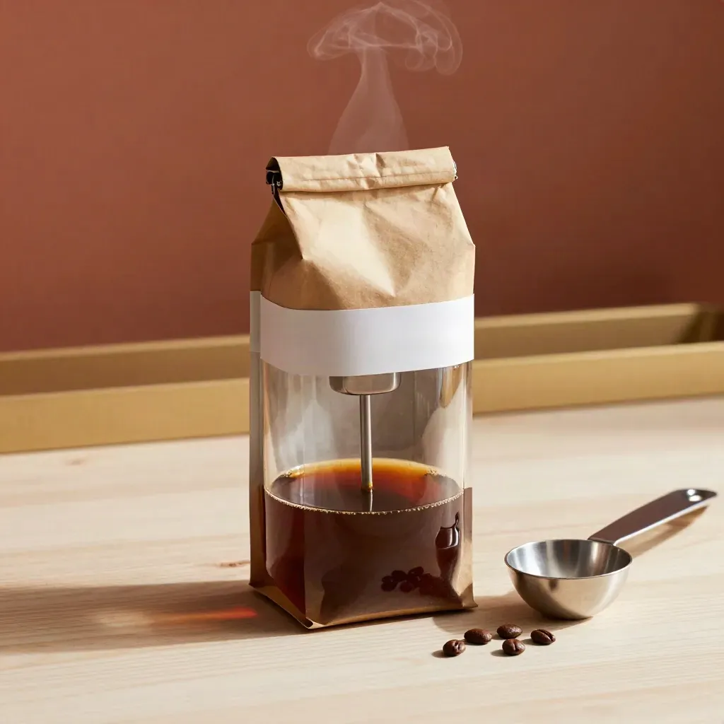 Glass cafetiere, coffee bag and scoop on pale wood with steam and warm light