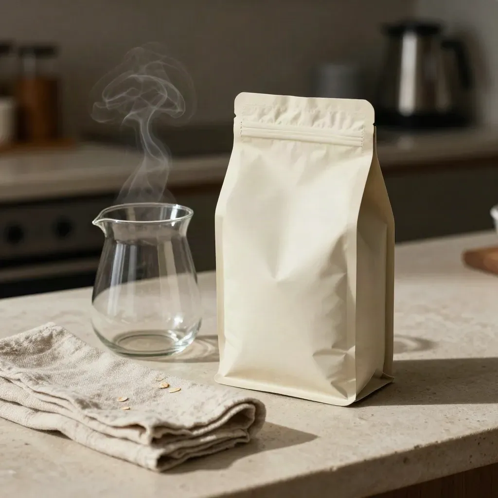 Unbranded decaf coffee bag with cooling glass carafe and linen on a pale stone counter.