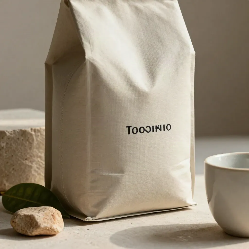 Unbranded coffee bag close-up with stone, leaf and cup in warm morning light.