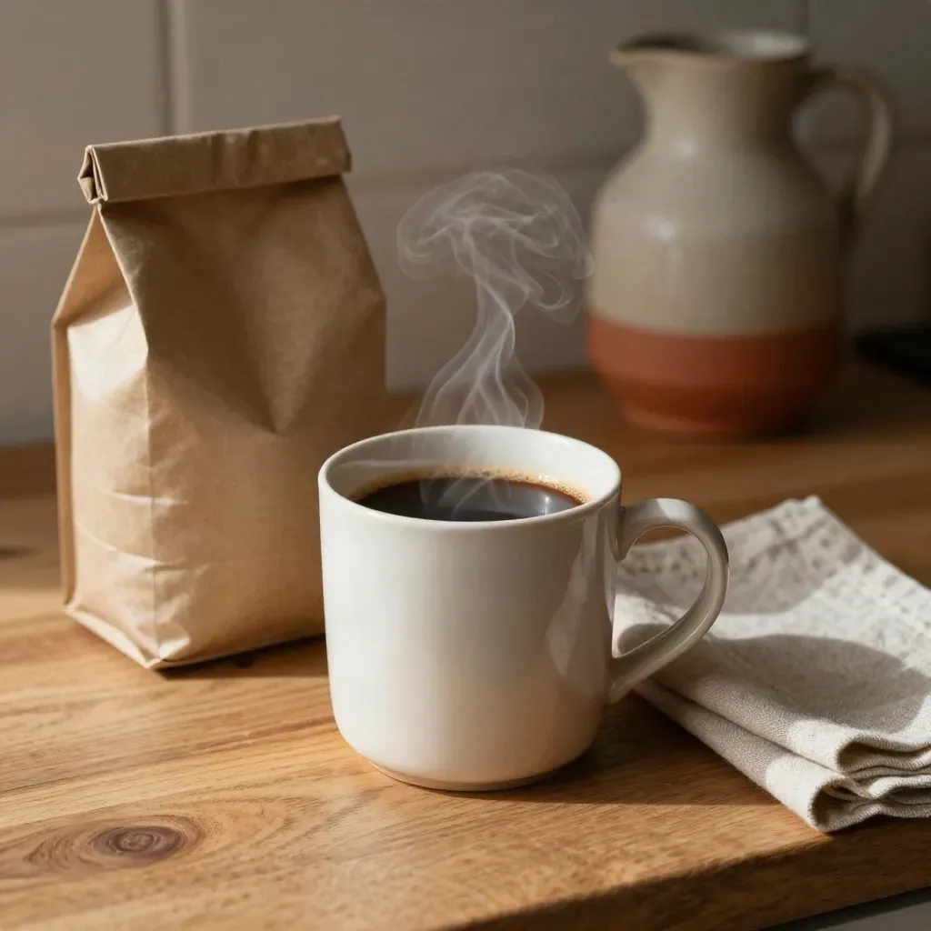 Steam rising from a coffee mug beside a kraft bag and folded napkin on oak.