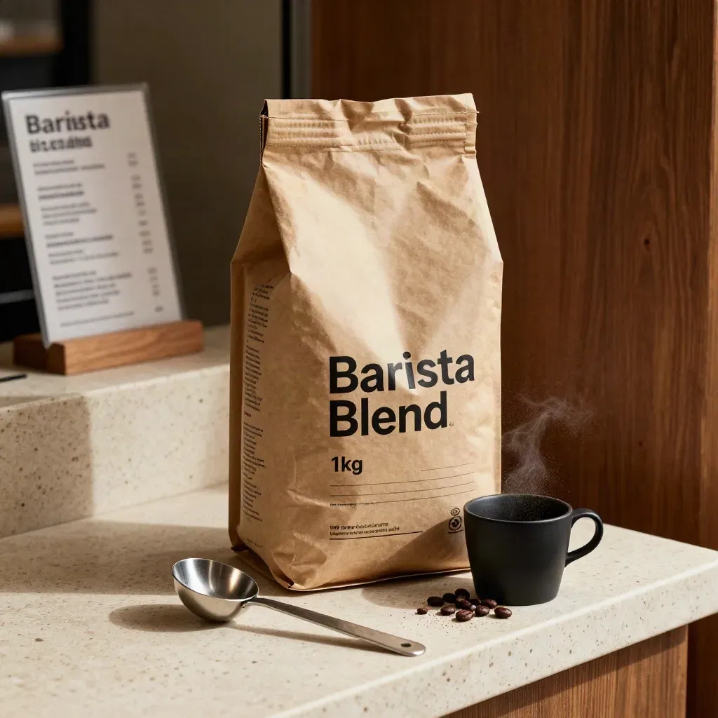 Oversized kraft coffee bag with steel scoop and dosing cup on pale travertine.