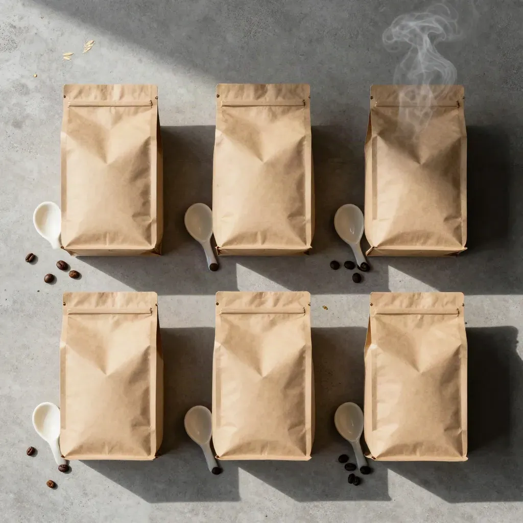 Overhead flat lay of three unbranded coffee bags with tasting spoons and rising steam.