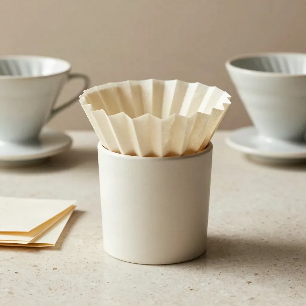 Opened paper filter pack with fanned filters on pale stone, softly lit and crisp.