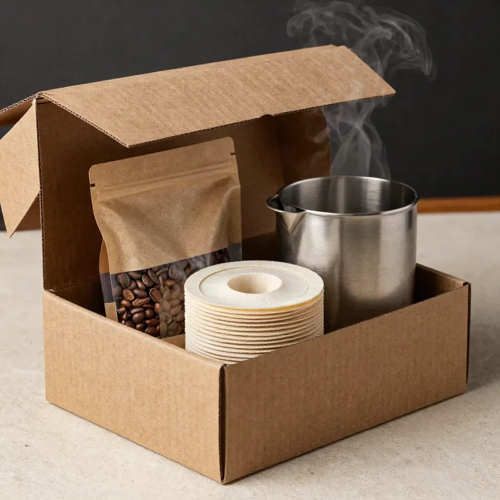 Open café supply pack with beans, filters, and a compact brewer in a tactile close-up.