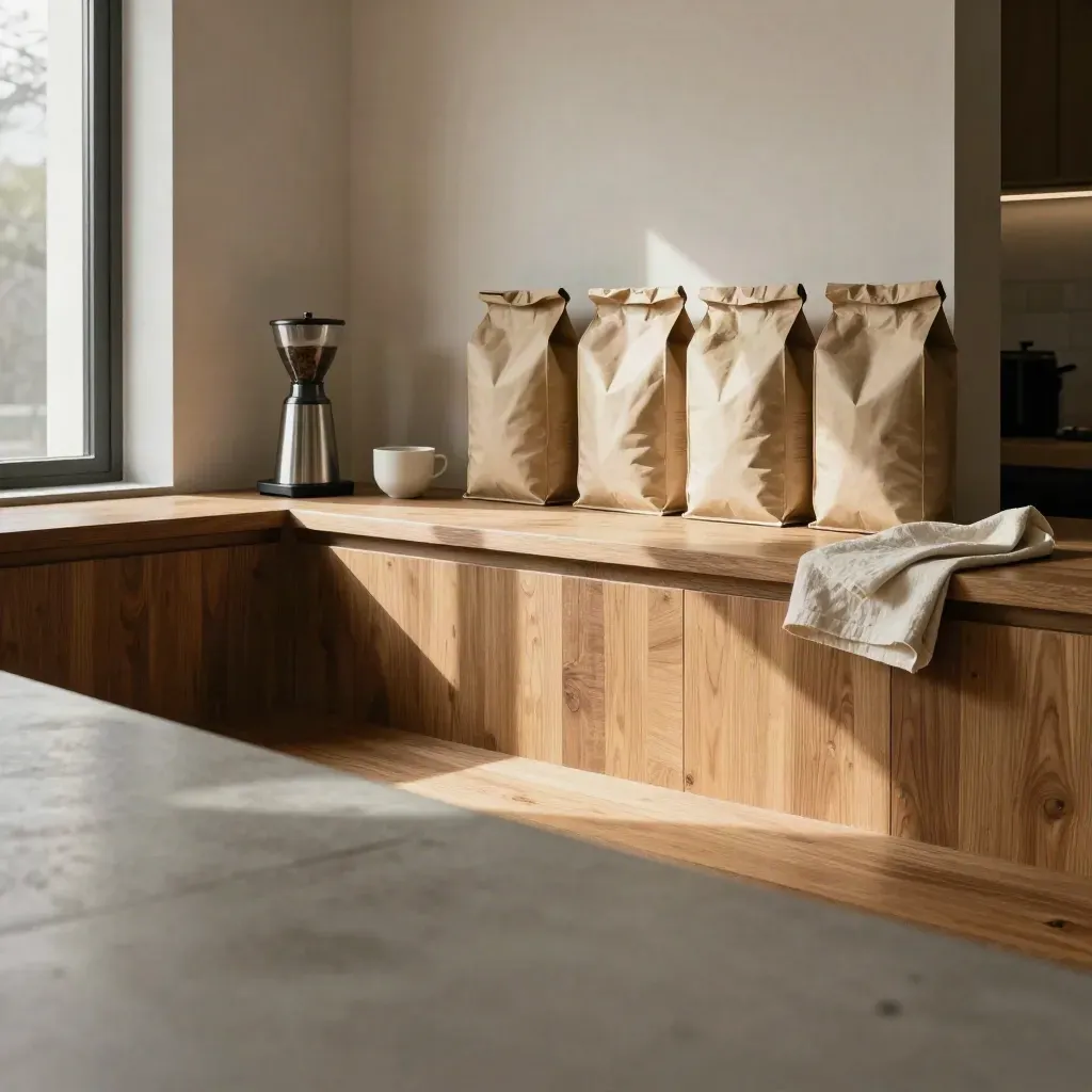 Warm oak coffee nook with bags, grinder, linen and sunlit plaster walls.