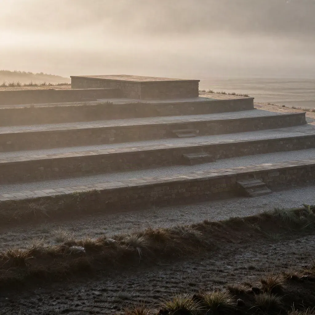 Terraced coffee hills at dawn with a stone drying patio in mist.