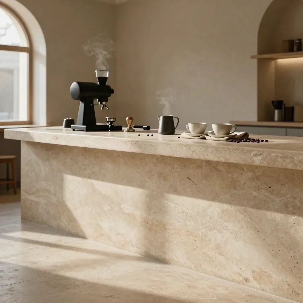 Sunlit limestone café counter with espresso tools beneath an arched window, airy and premium.