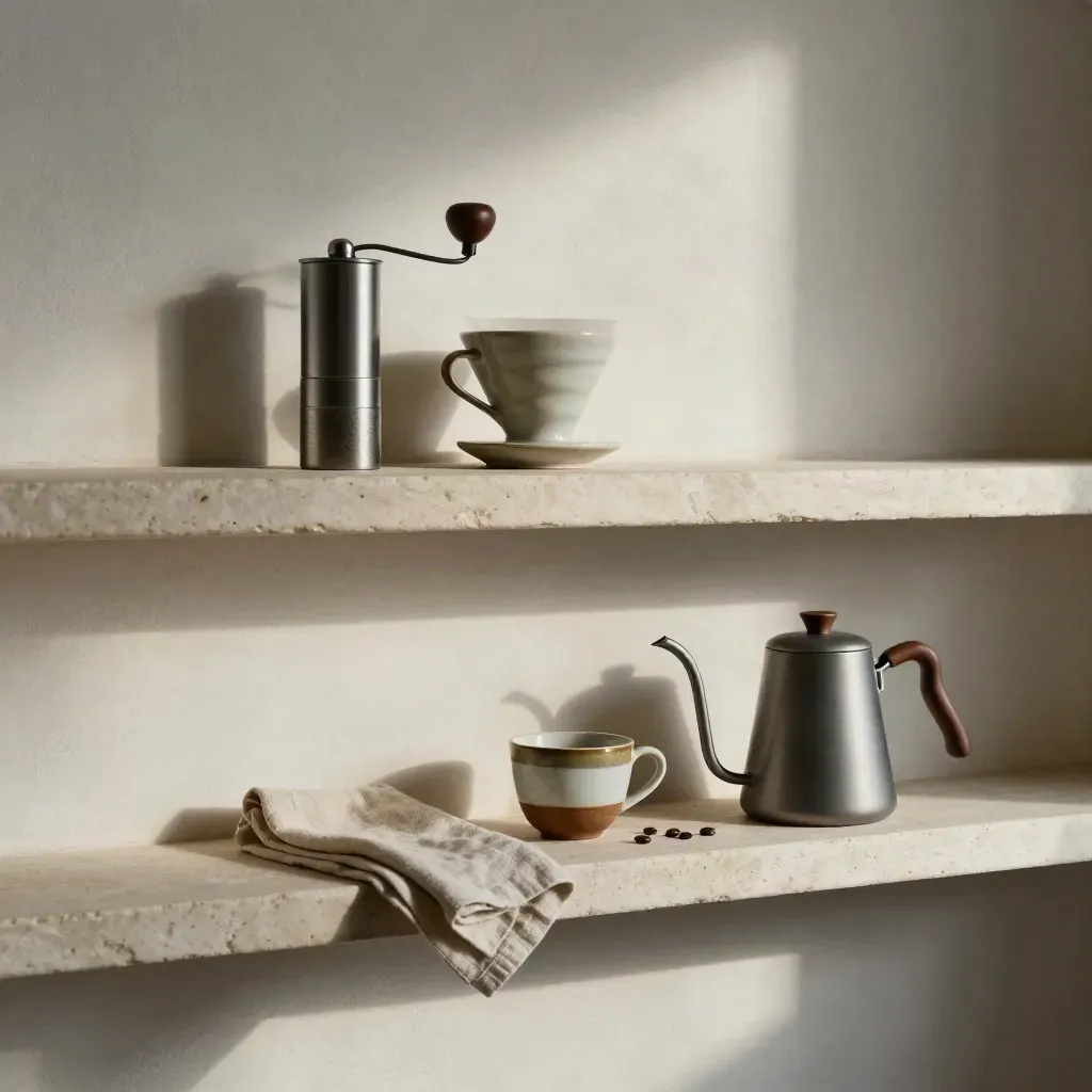 Coffee gear on a pale stone ledge beneath a warm plaster wall, lit by late-afternoon sun
