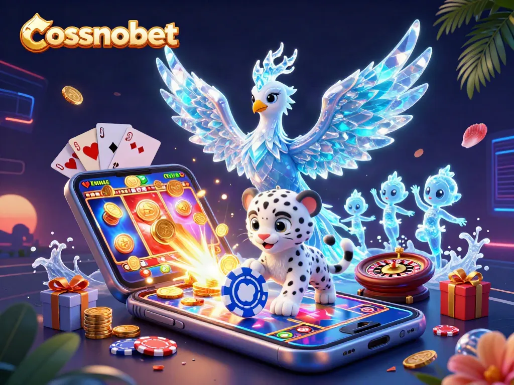 Experience vibrant casino action with cosmobet's cinematic illustration of an ice phoenix and a playful snow leopard.