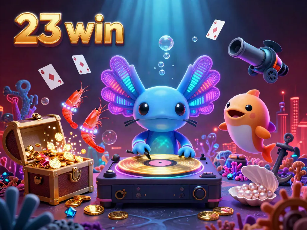 A vibrant scene showcasing the 23 win axolotl DJ and friends celebrating underwater, symbolizing online gaming excitement.