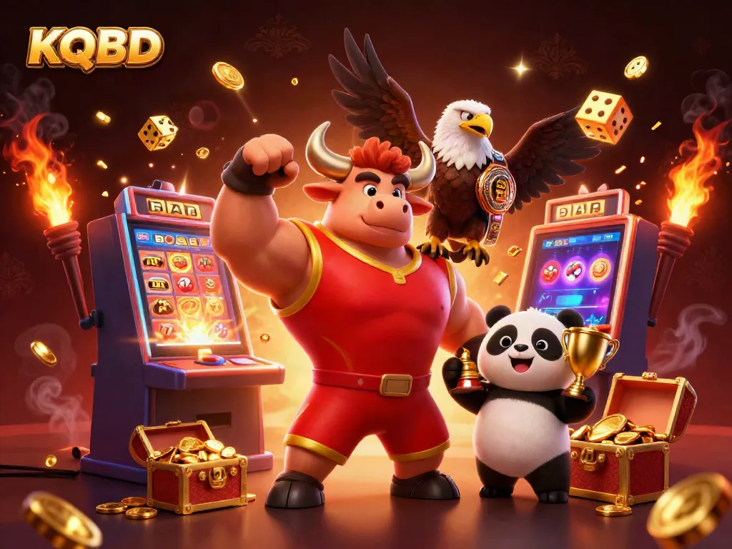 KQBD showcases a vibrant victory scene with a muscular bull mascot, eagle champion, and trophy-holding panda, embodying casino excitement.