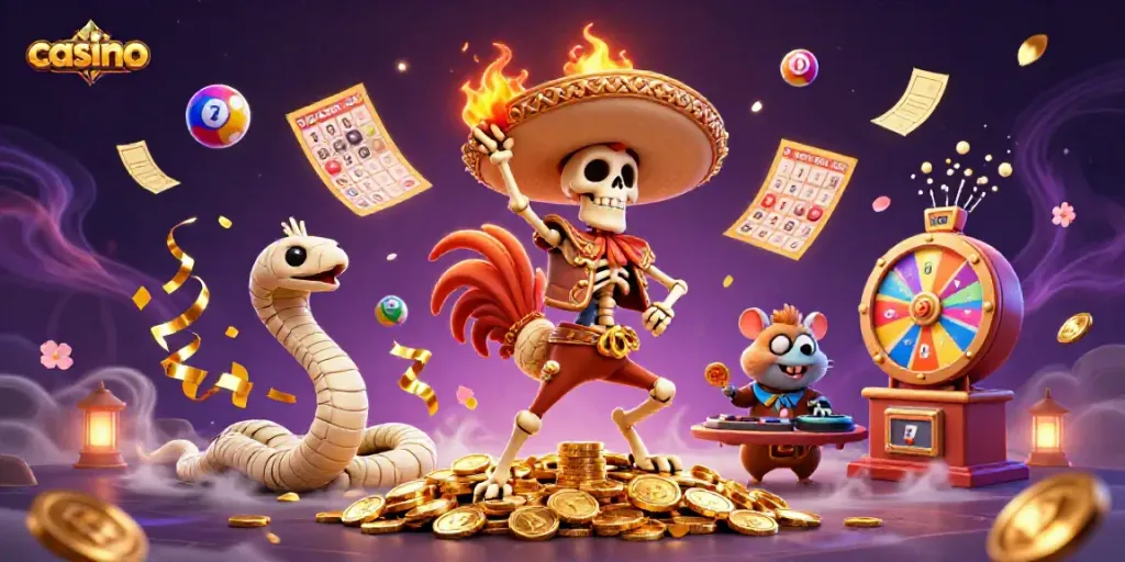Experience the excitement of a casino with a 3D mariachi rooster, mummy snake, and DJ hamster amidst a vibrant scene.