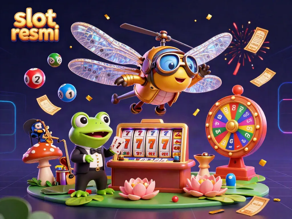 Experience vibrant slot resmi action with a dynamic casino scene featuring a dragonfly pilot and frog croupier.
